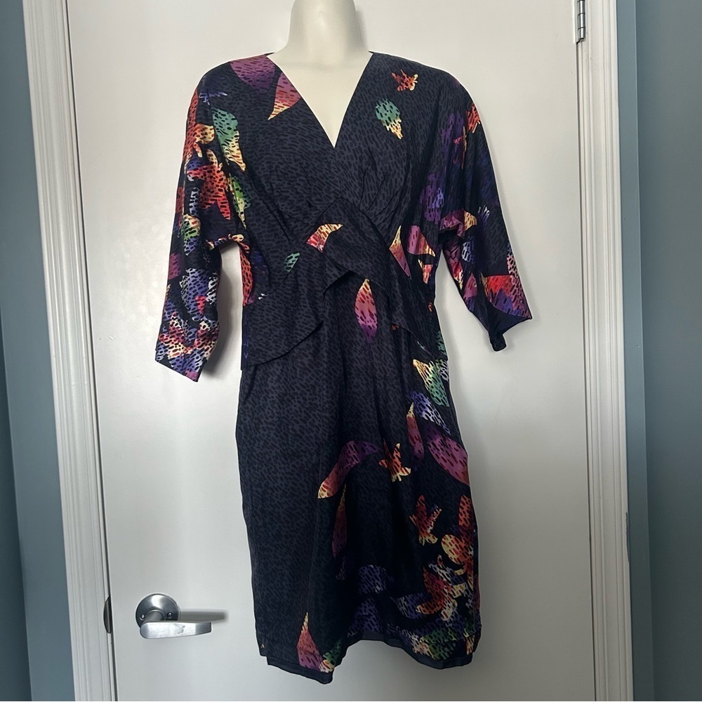 Ali Rose Silk Patten Peplum Detail Colourful Print Mid-Length Dress